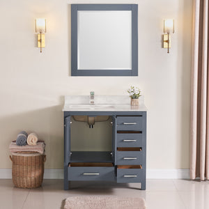 1901-36L-02QZ  Dark Grey 36" Bathroom Vanity Cabinet and Left Side Sink Combo Solid Wood Cabinet+Quartz Top w/Sink set