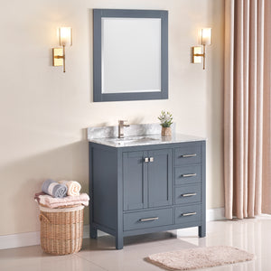 1901-36L-02 Dark Grey 36" Bathroom Vanity Cabinet and Left Side Sink Combo Solid Wood Cabinet+Real Marble Top w/Sink set