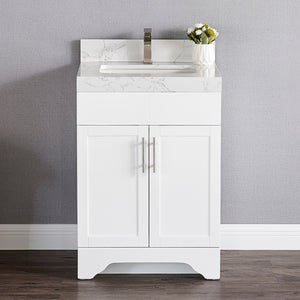 1905-24-01 Matt White 24" Bathroom Vanity Set Solid Wood Vanity Cabinet with Natural White Carrara Quartz Counter Top and White Under Mount Basin Set with Optional Mirror