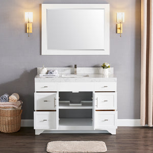 1905-48-01 Matt White 48" Bathroom Vanity Set Solid Wood Cabinet with Natural White Carrara Quartz Counter Top and under mount sink included with optional Mirror