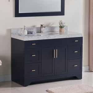 1905-48-04 Marine Blue 48" Bathroom Vanity Set Solid Wood Cabinet with Natural White Carrara Quartz Counter Top and under mount sink included with optional Mirror
