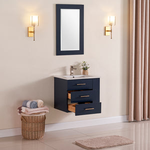 1906-24R-04 Wall Mount Marine Blue 24" Bathroom Vanity Set with right side open shelf Include Solid Wood Vanity Cabinet, Pure white counter top and sink with optional mirror