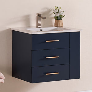 1906-24R-04 Wall Mount Marine Blue 24" Bathroom Vanity Set with right side open shelf Include Solid Wood Vanity Cabinet, Pure white counter top and sink with optional mirror