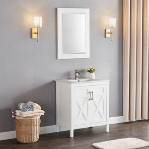 1907-30-01 Matt White 30" Bathroom Vanity Cabinet and Sink Combo Solid Wood Cabinet+Ceramic Counter Stop With Sink and optional mirror set