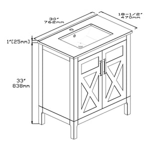 1907-30-01 Matt White 30" Bathroom Vanity Cabinet and Sink Combo Solid Wood Cabinet+Ceramic Counter Stop With Sink and optional mirror set