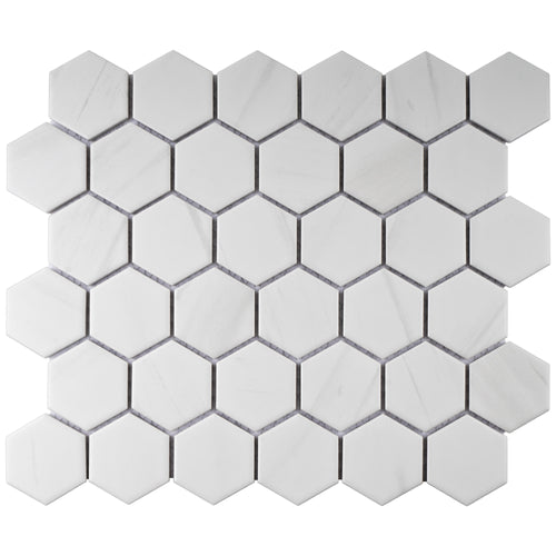 TPMG-24 2 x 2 Hexagon White Carrara Porcelain Mosaic Tile Sheet (Satin)