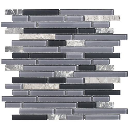 TBVSG-03 Linear Black and Grey Glass and Marble Mosaic Tile Sheet