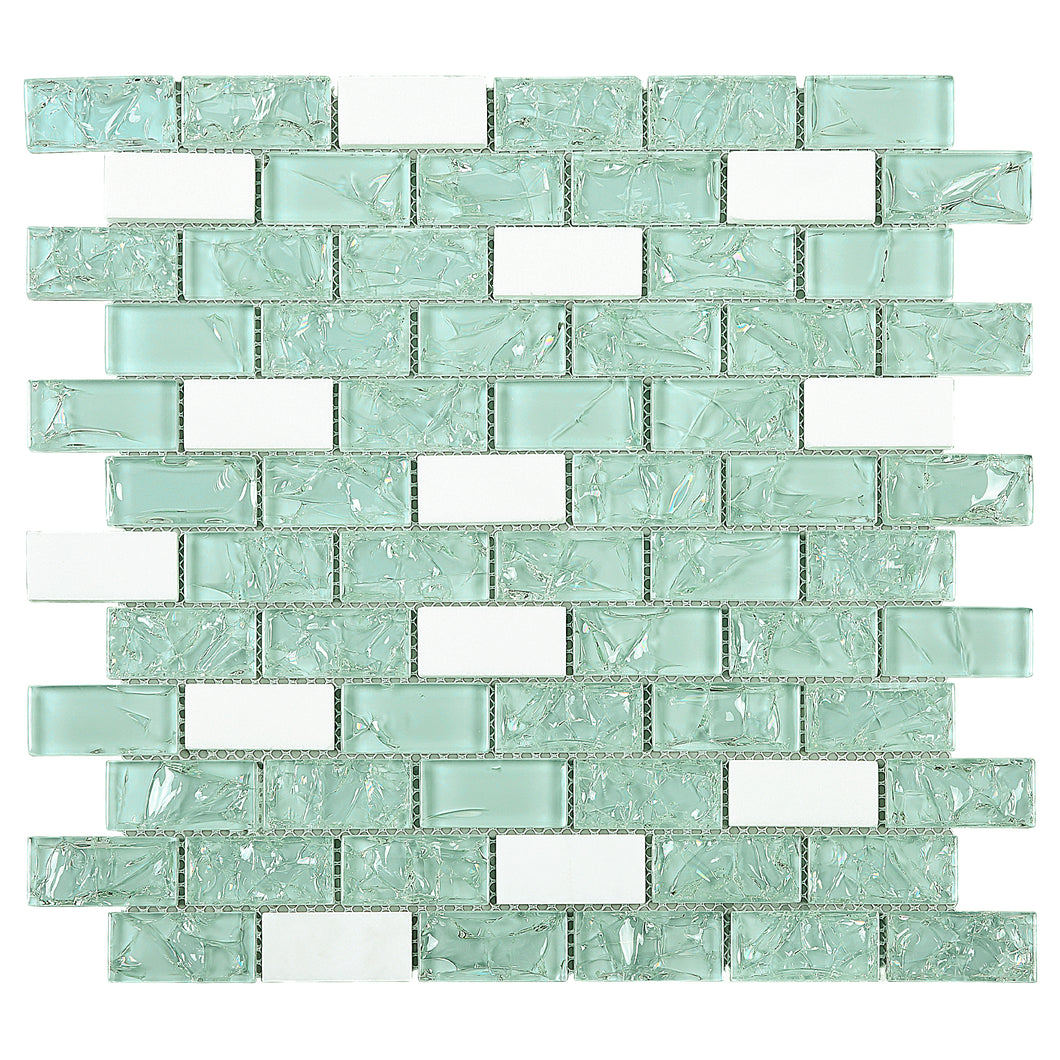 TCESG-02  1x2 Brick Crackled Glass Mosaic Tile in Mint Green/White