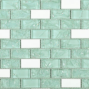 TCESG-02  1x2 Brick Crackled Glass Mosaic Tile in Mint Green/White