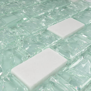 TCESG-02  1x2 Brick Crackled Glass Mosaic Tile in Mint Green/White