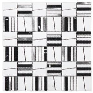 TIMLG-01 2x2 Black and White Square Marble and Silver Aluminum Mosaic Tile Backsplash